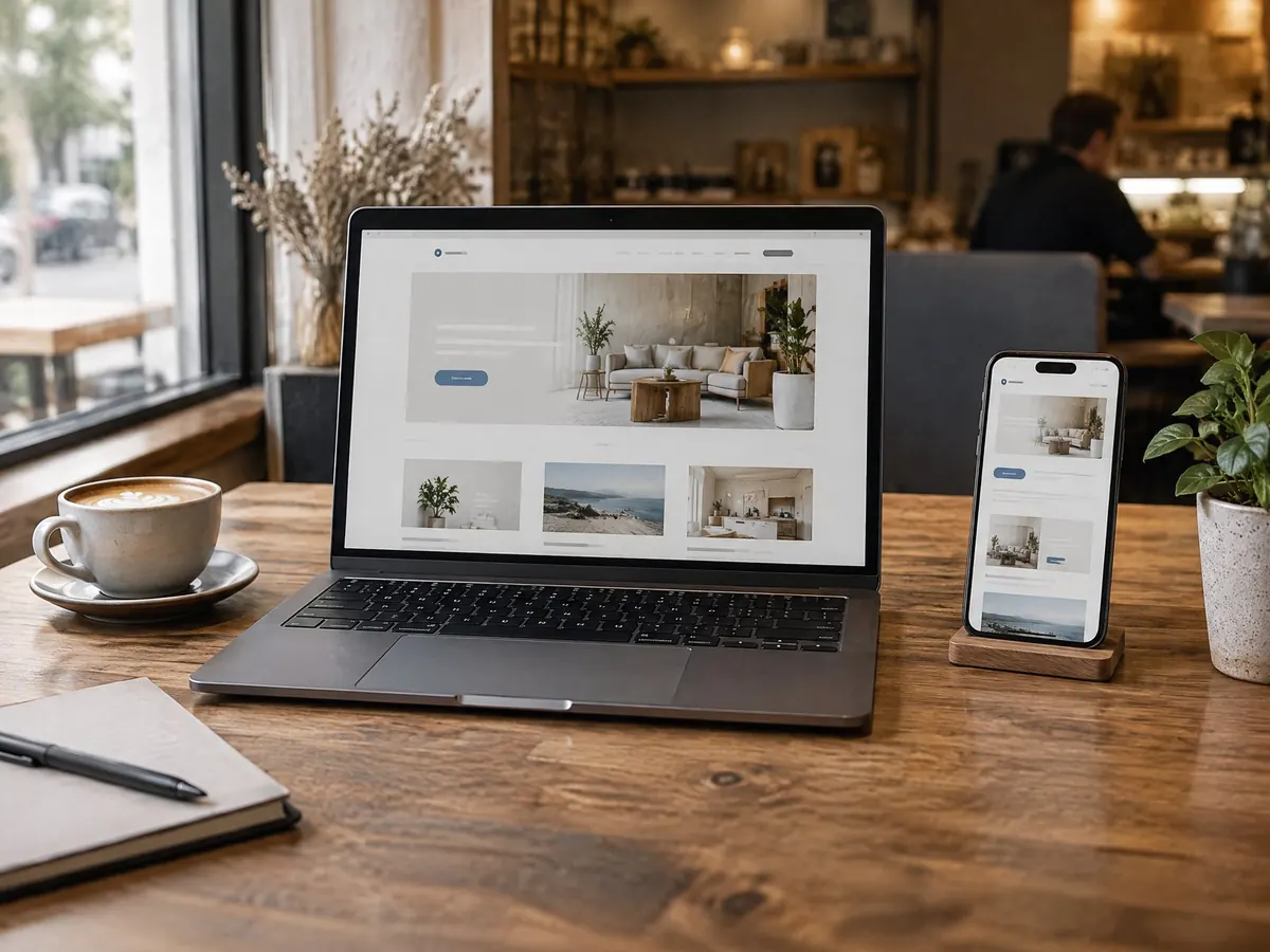 Laptop und Smartphone mit einer modernen Unternehmenswebsite auf einem Holztisch